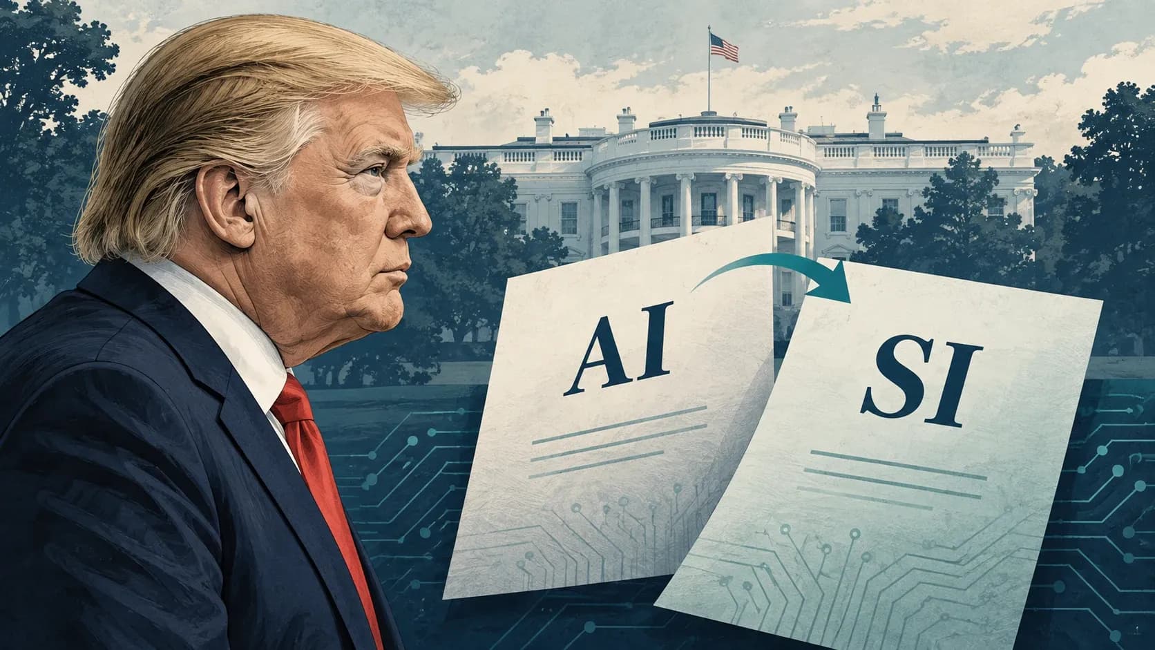 Editorial illustration of Donald Trump beside AI and SI labels with the White House in the background