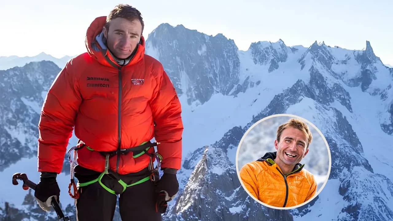 Ueli Steck in a red climbing jacket against snow-covered Alpine peaks, with an inset portrait
