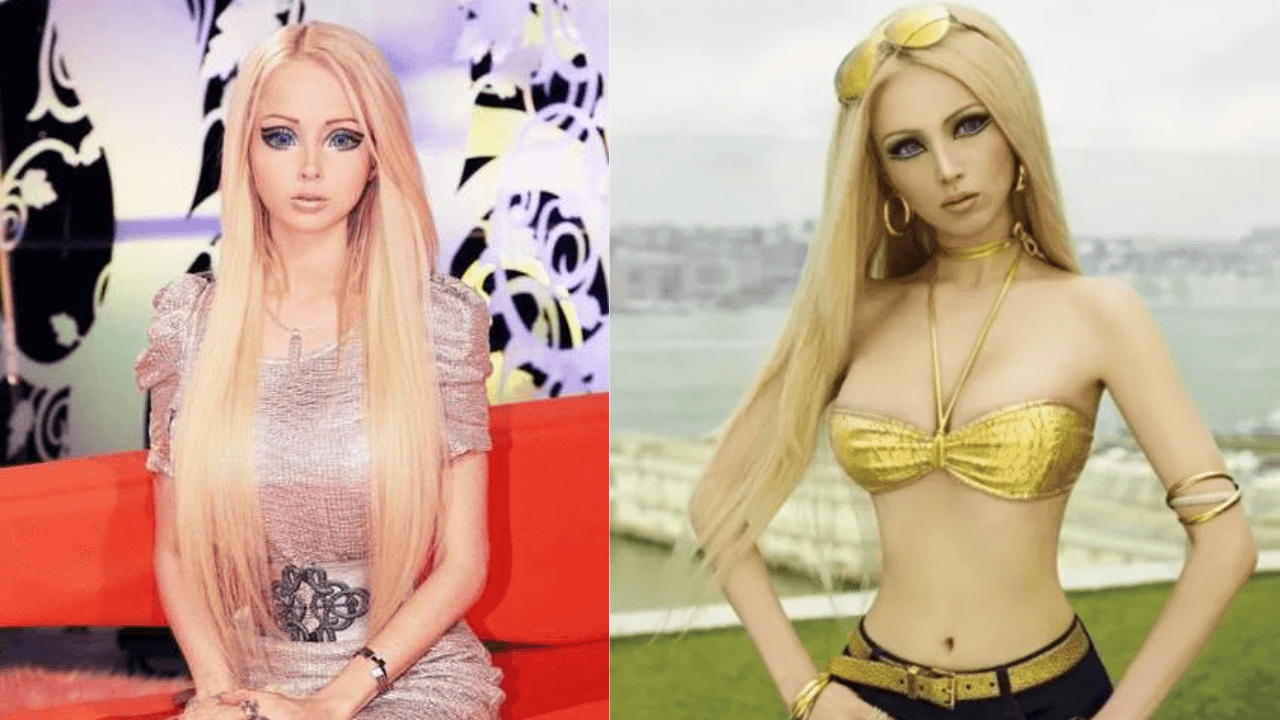 Valeria Lukyanova, known as the Human Barbie, posing with her doll-like appearance in two viral photos