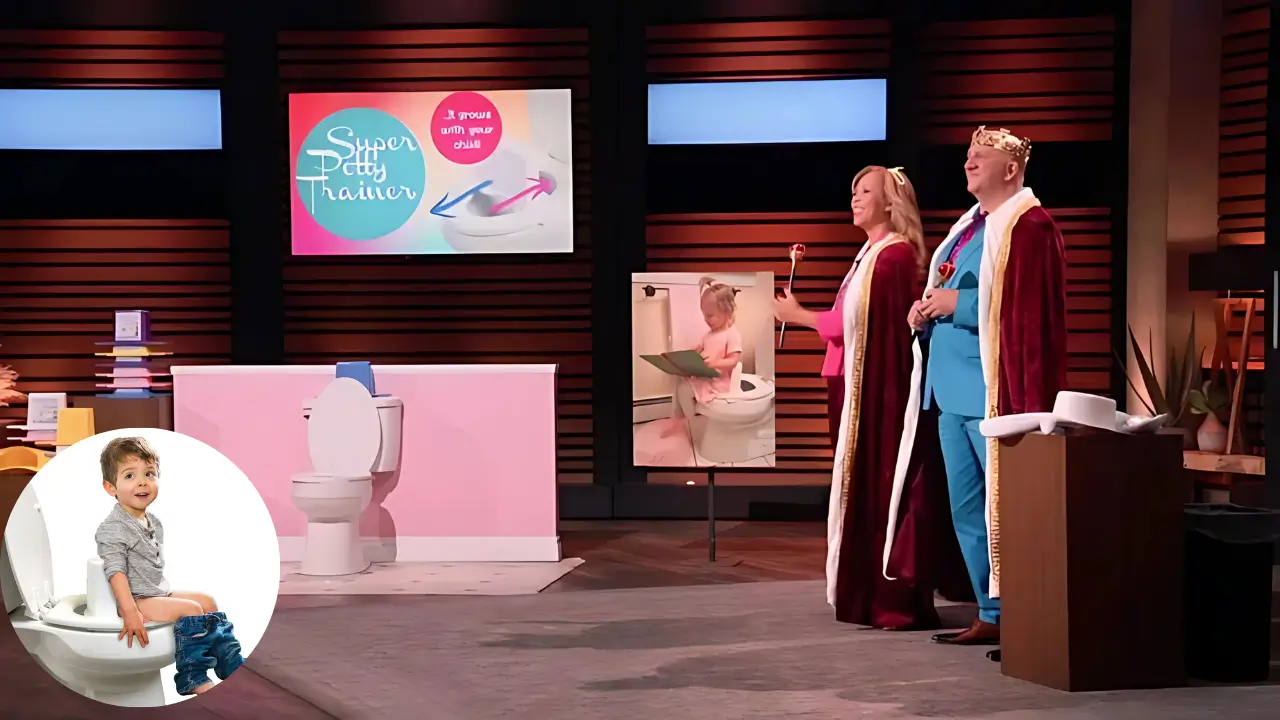 Judy Abrahams and Chris Guerrera pitching Super Potty Trainer on Shark Tank, dressed as royalty with a child using the product.