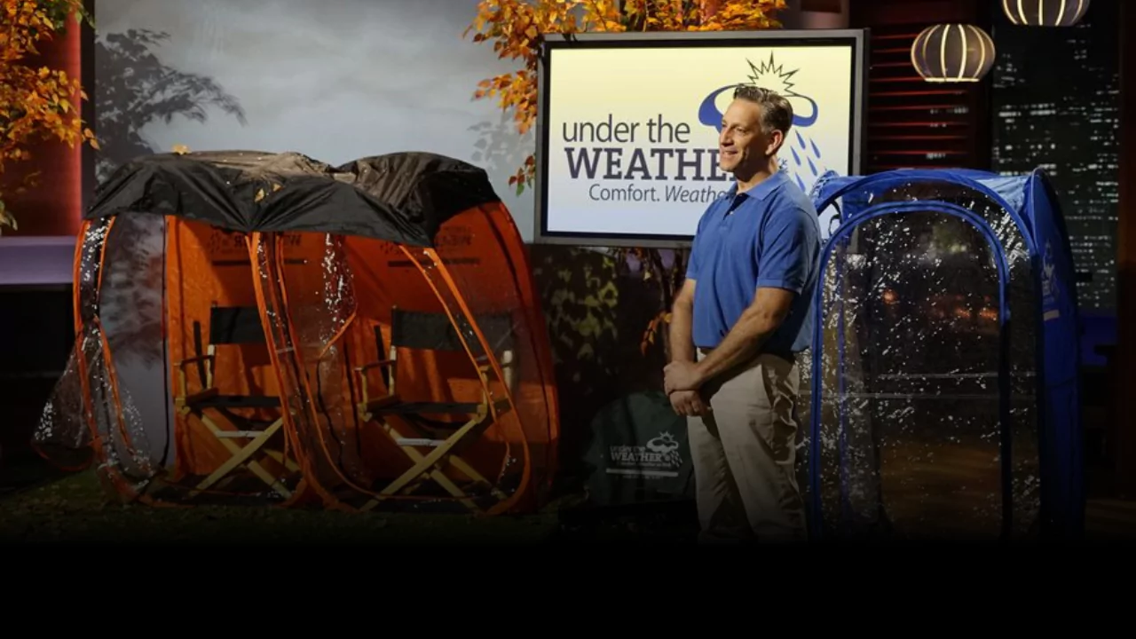Rick Pescovitz presenting Under the Weather Pods on Shark Tank with pop-up weather shelters on display
