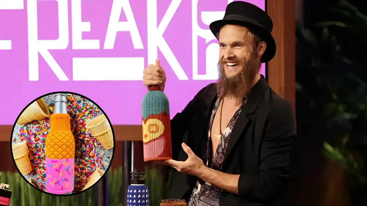 Zach Crain presenting colorful knit bottle insulators from Freaker USA on Shark Tank