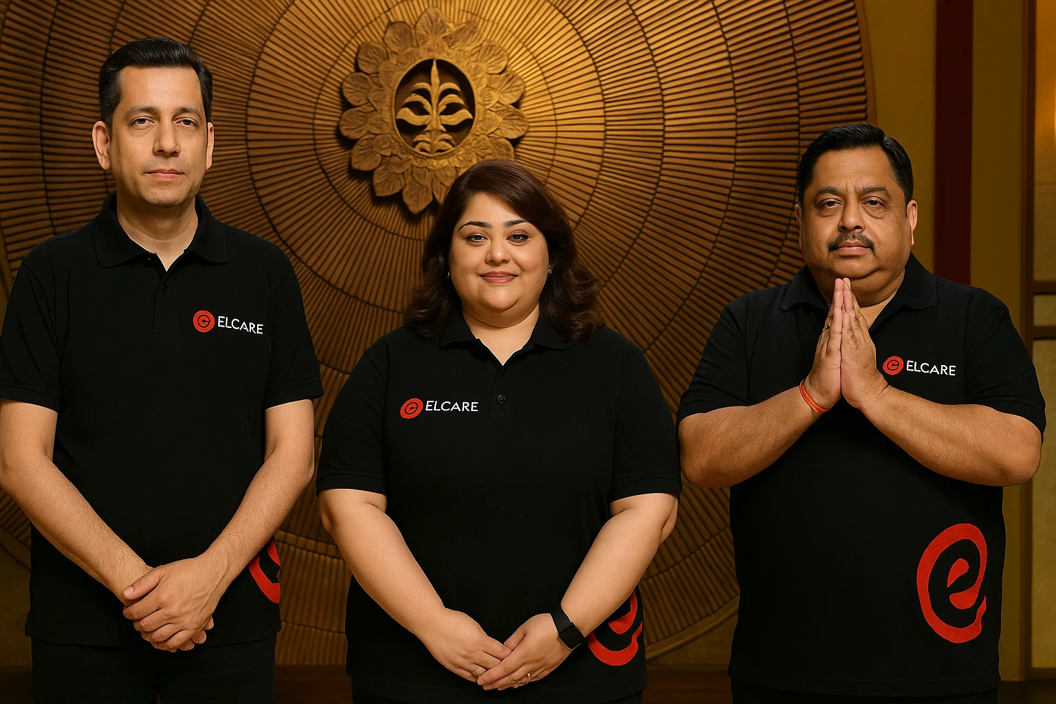 Elcare founders on Shark Tank India in black company polos standing against a golden circular backdrop