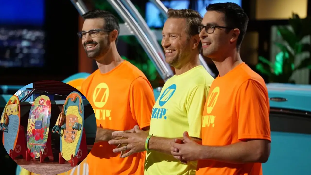 “ZUP Boards founders presenting their all-in-one wakeboards on Shark Tank with colorful boards on display”