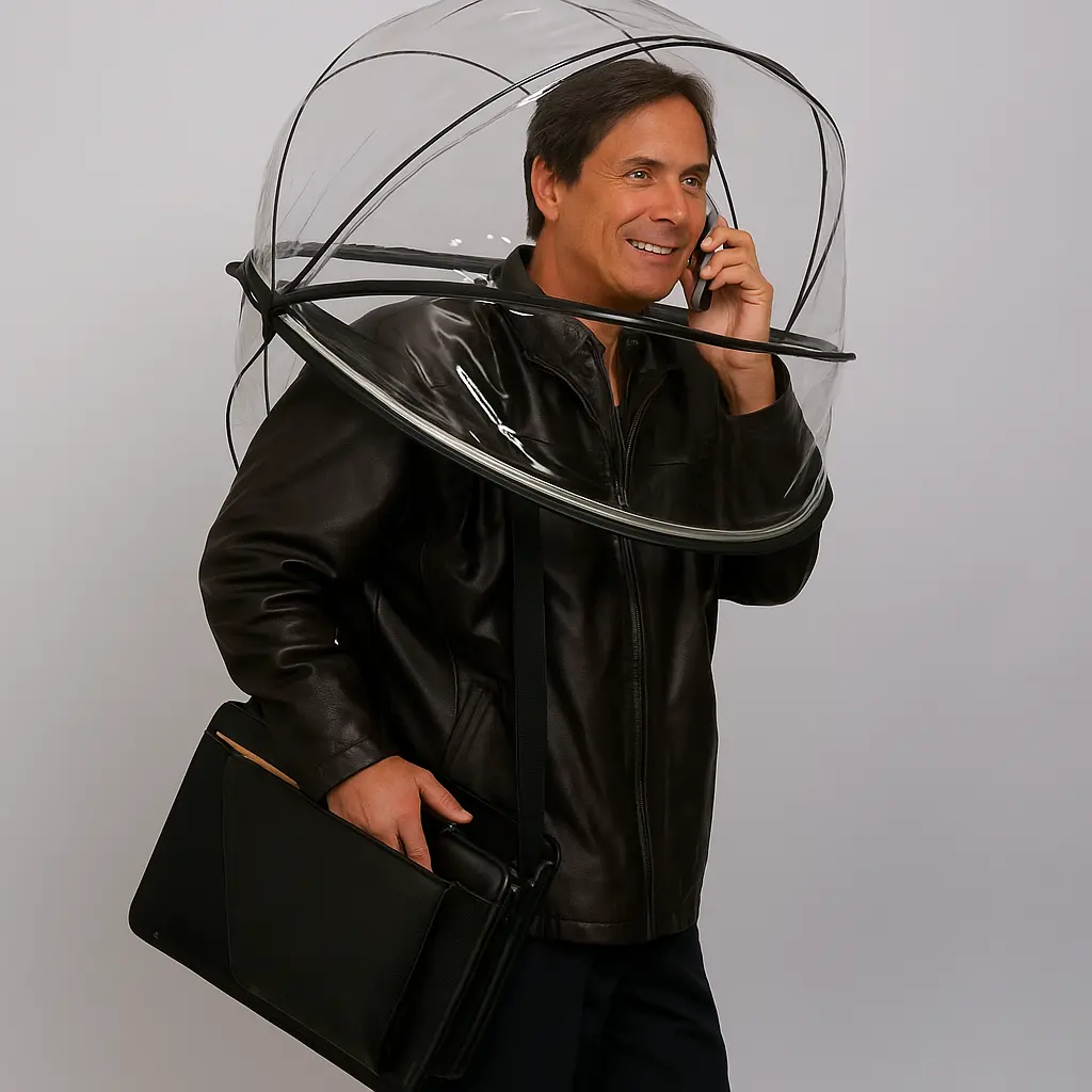 Alan Kaufman, founder of Nubrella, wearing the transparent hands-free umbrella while holding a phone and briefcase.

