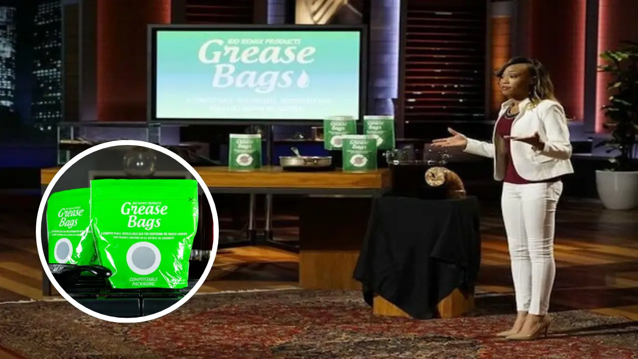 LaTangela Newsome pitching Grease Bags, a compostable kitchen waste solution, on Shark Tank Season 8