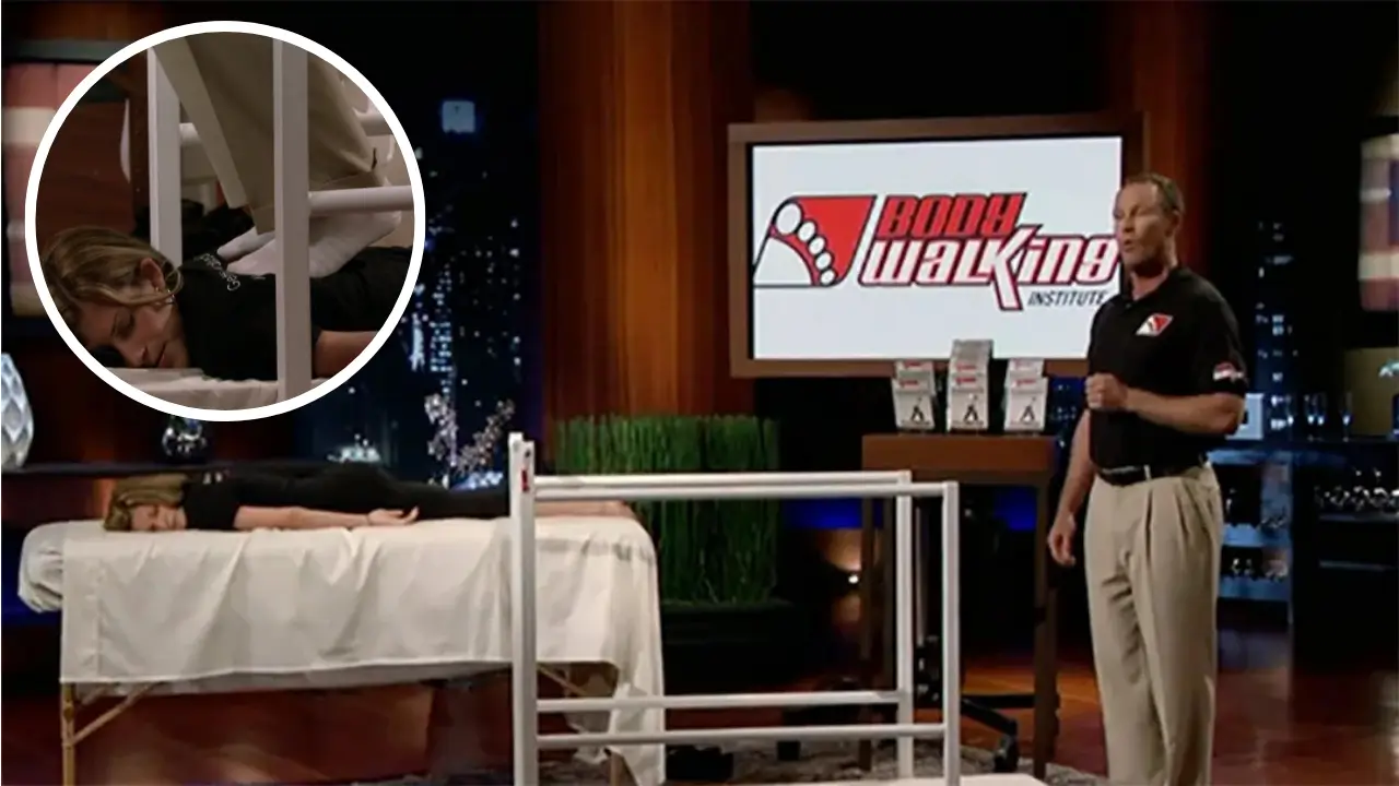 Tod Miller demonstrates the BodyWalking massage technique on Shark Tank, using overhead bars to walk on a model's back.