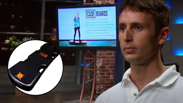 Entrepreneur pitching Epic Skateboards on Shark Tank with product image and presentation screen in background.