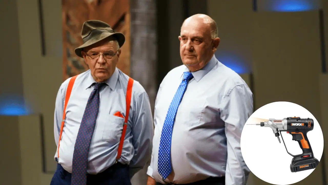 John Whitehead and Bill Allardyce pitching the Double Chuck Drill on Shark Tank Australia, with product image inset.