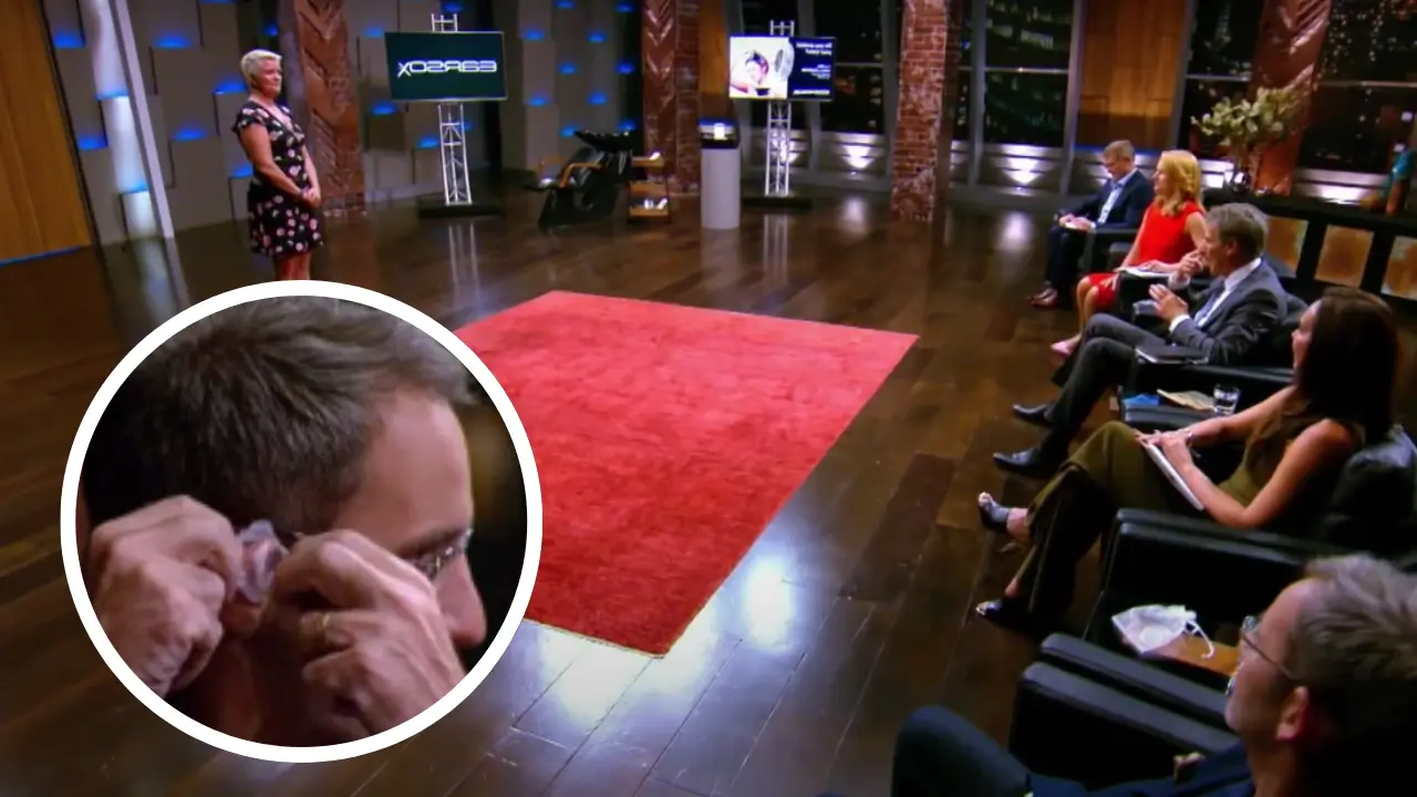 Rachel Dorig pitching EarSox on Shark Tank Australia as a Shark tests the ear cover product
