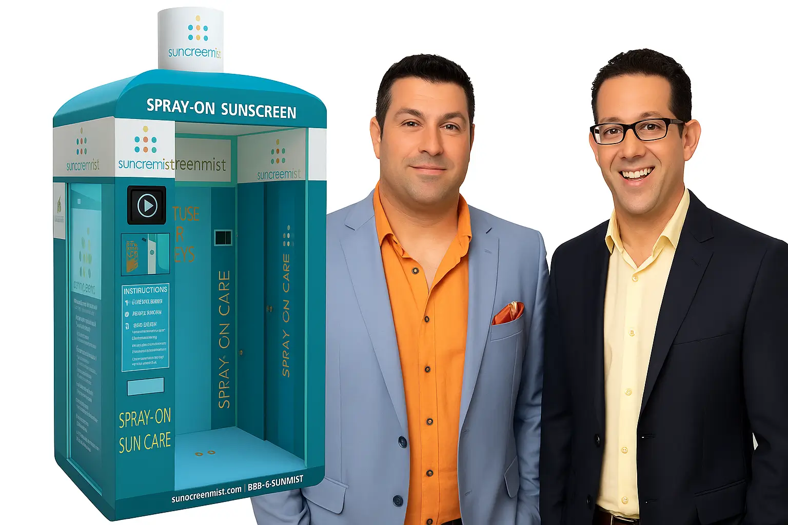 Founders of Sunscreen Mist standing beside their spray-on sunscreen booth from Shark Tank