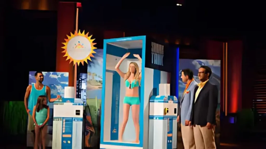 Sunscreen Mist founders pitching spray booth on Shark Tank with demo model