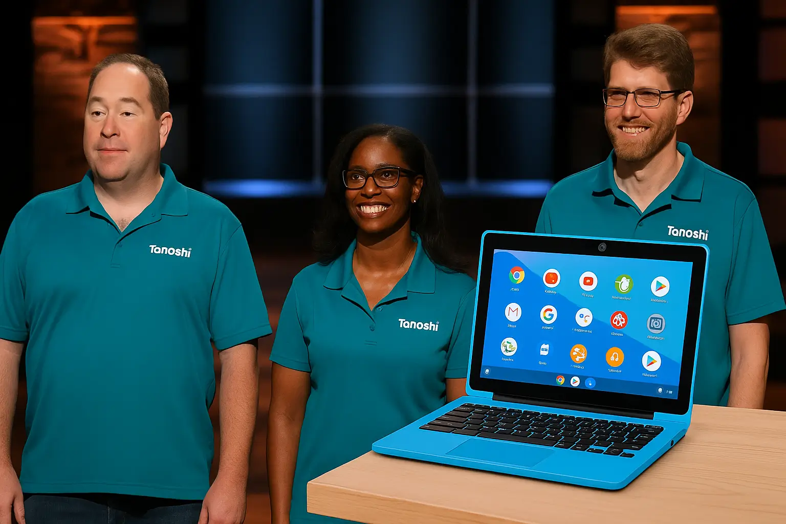 Tanoshi founders on Shark Tank with their 2-in-1 kids laptop