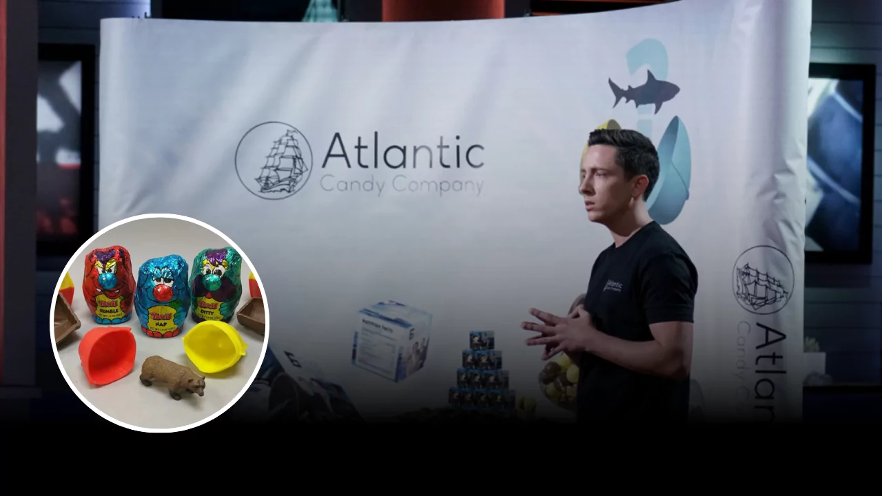 Jared Whetstone at Atlantic Candy Company Shark Tank booth with Toy Box chocolate toys