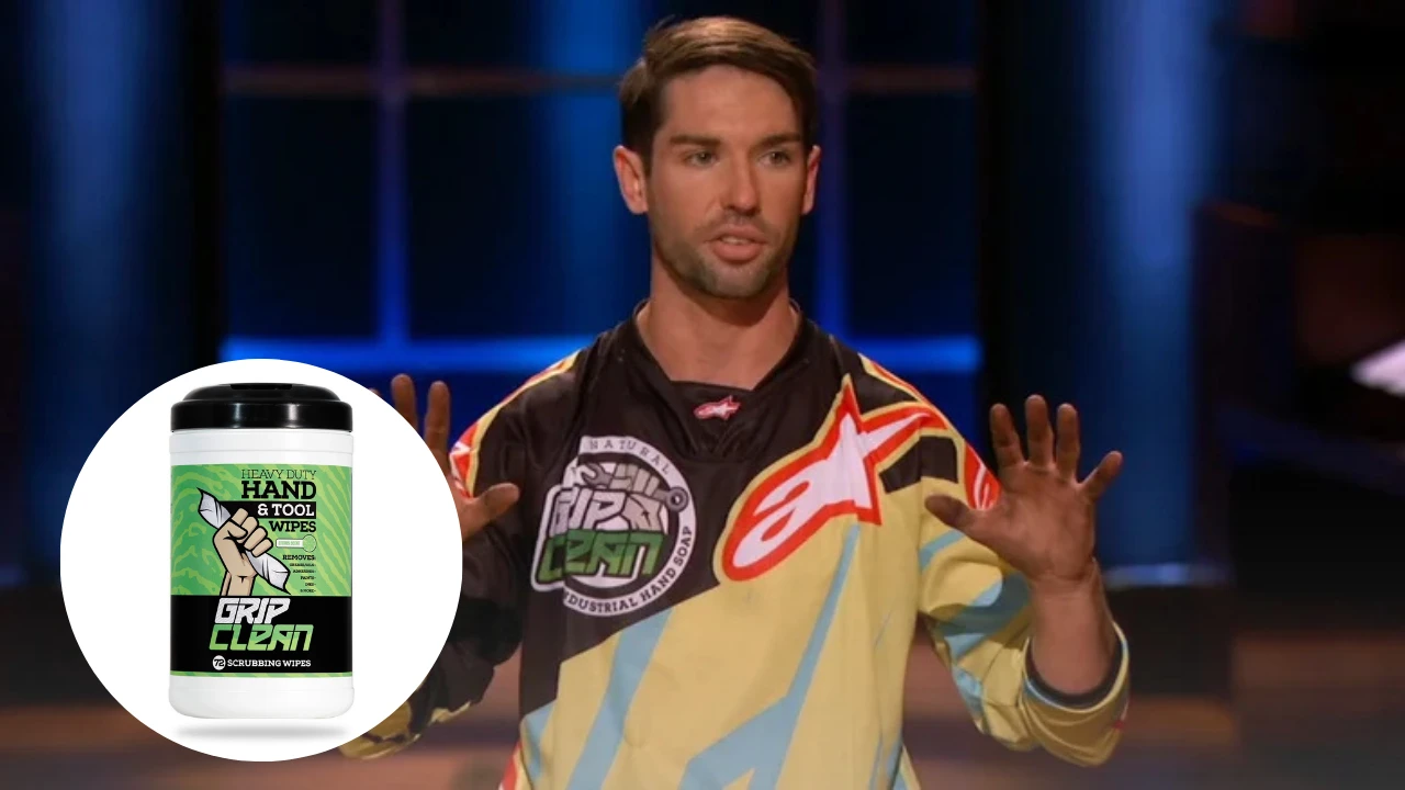 Bryce Hudson pitching Grip Clean on Shark Tank, with product image of Grip Clean Hand & Tool Wipes in the corner.
