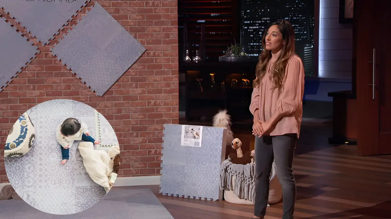 Elizabeth Granados presenting Little Nomad baby play mats on Shark Tank stage