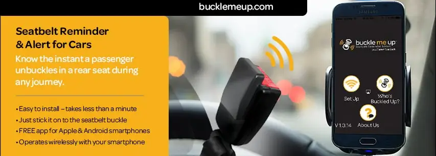 Buckle Me Up seatbelt reminder app displaying phone interface and sensor on seatbelt.