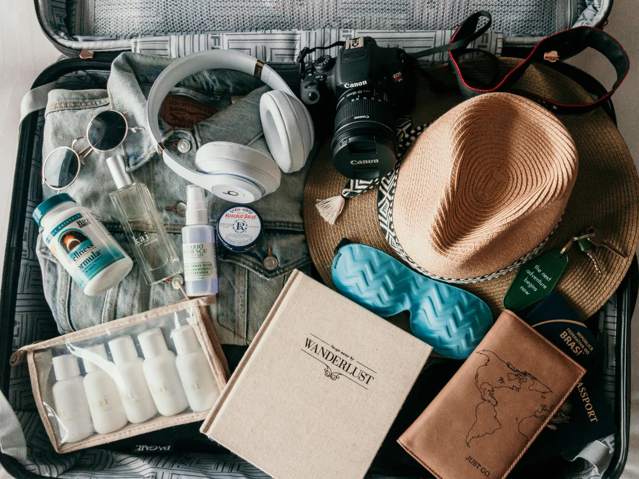 Travel essentials flat lay