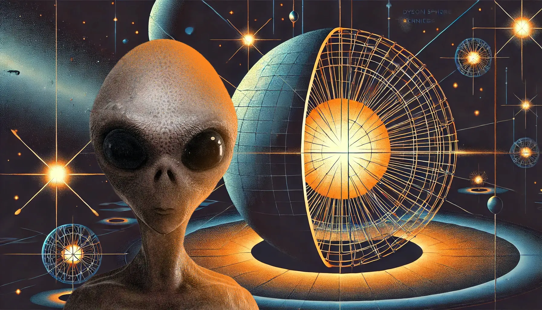 An artistic depiction of an alien figure standing beside a glowing star encased in a futuristic Dyson Sphere structure, symbolizing the concept of alien megastructures harvesting stellar energy.