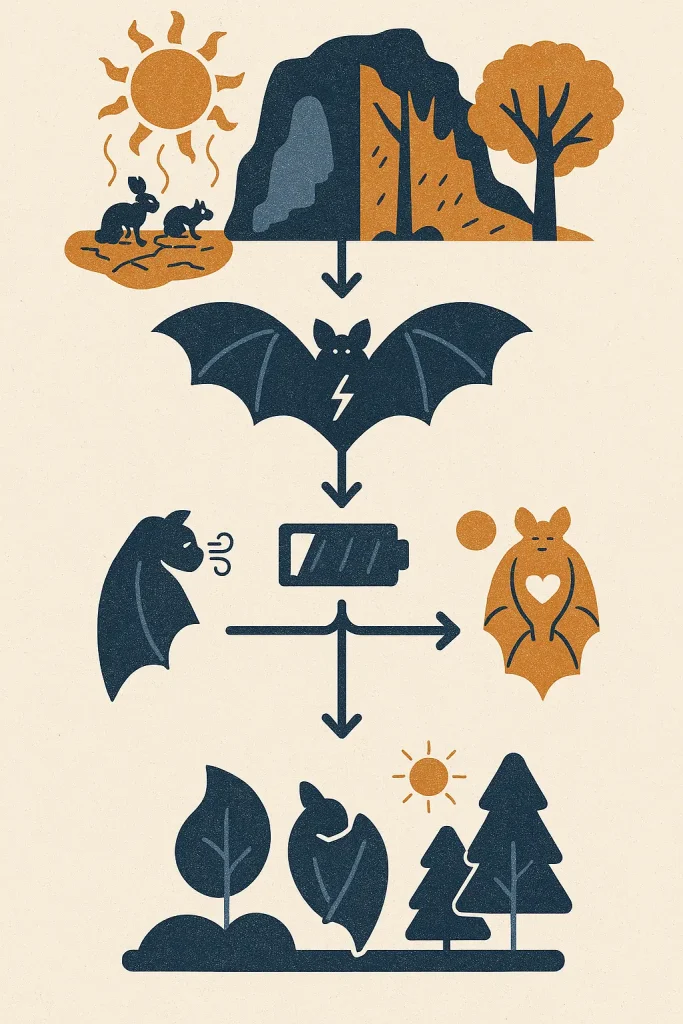 Abstract infographic of a bat’s adaptation process to climate change: climate heat leads to environmental stress, shown with dry landscapes and forest. A bat uses either cold torpor or hot torpor to conserve energy, resulting in enhanced survival in extreme environments. Illustrated with navy and orange icons, no text.
