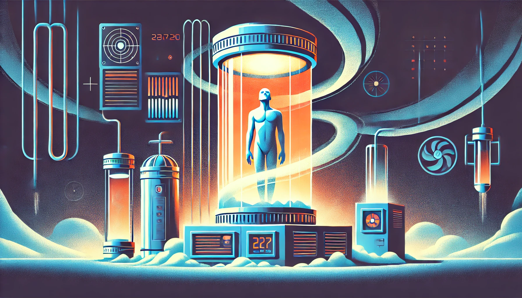 "Digital illustration of a human figure suspended in a cryonics chamber, surrounded by advanced machinery representing the concept of suspended animation and future revival."