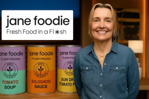 Founder of Jane Foodie standing beside flash-frozen product display during Shark Tank 2025 pitch
