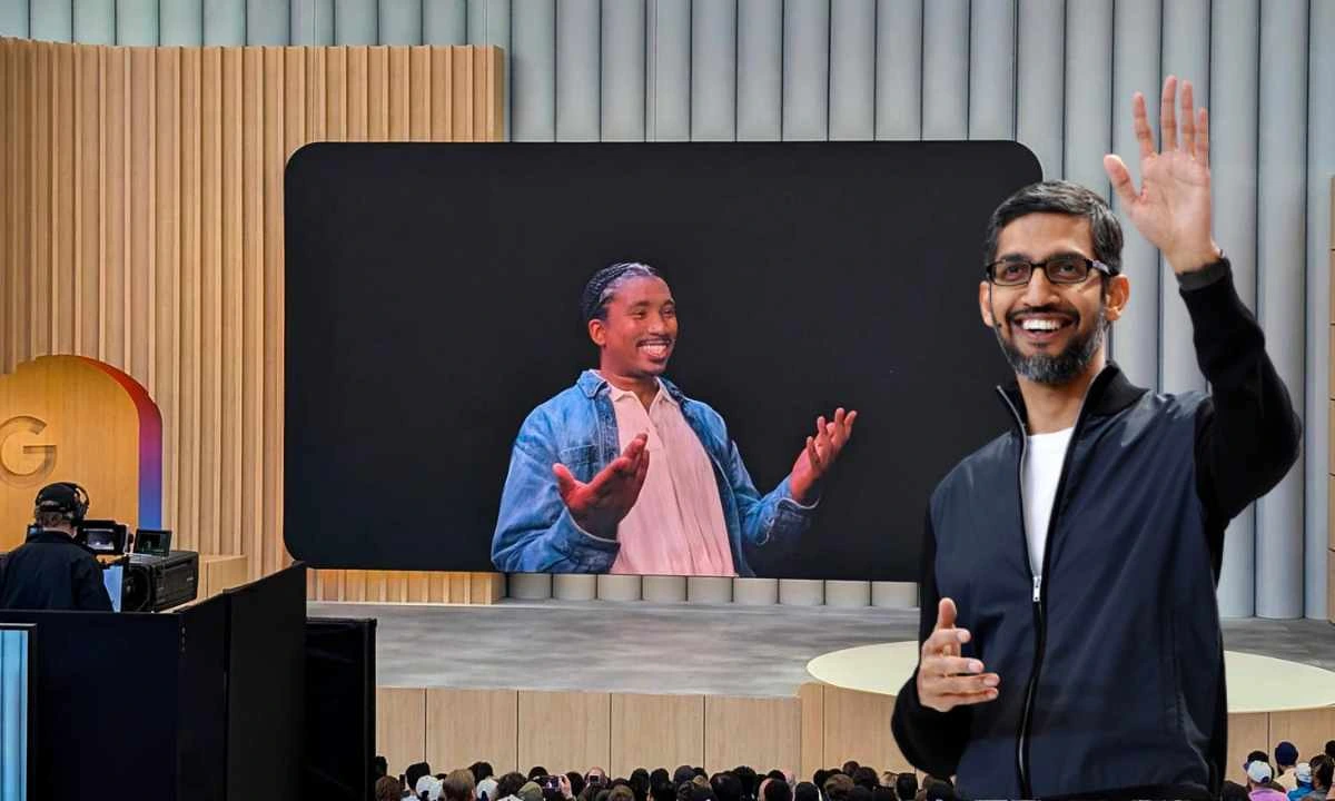 Google CEO Sundar Pichai introducing a live 3D video chat demo with Google Beam at Google I/O 2025