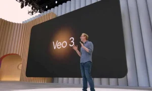Google executive unveiling Veo 3 AI video generation tool at developer conference, capable of creating cinematic movie scenes