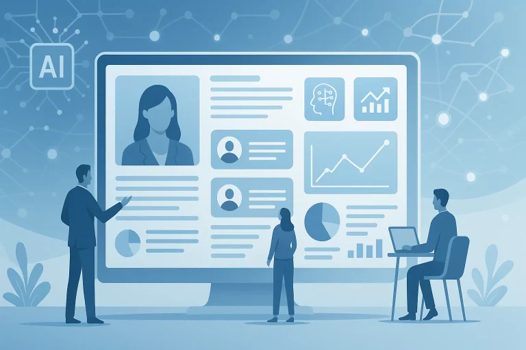 Futuristic AI-powered HR dashboard with analytics, employee profiles, and neural network visuals for 2025 HR tech solutions.