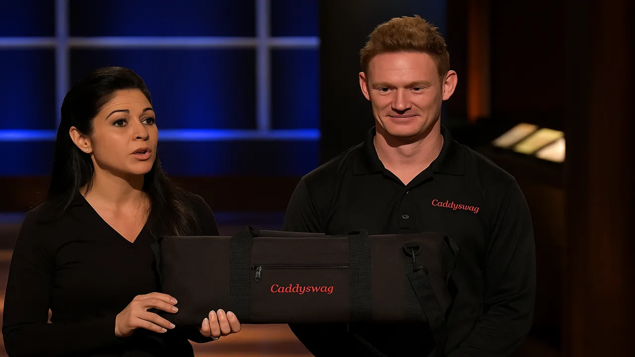 Caddyswag founders presenting their cooler bag on Shark Tank alongside product display