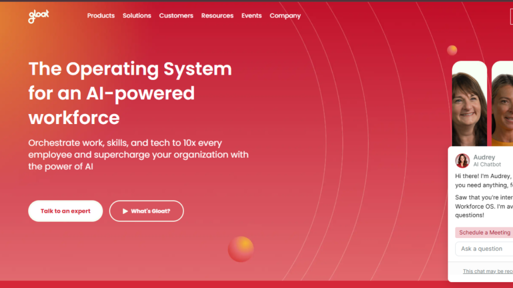 Gloat homepage banner describing its AI-powered workforce operating system for managing skills, work orchestration, and employee enablement