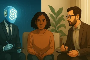 A digital illustration of a woman sitting between an AI therapist and a human therapist, highlighting ChatGPT's role in modern therapy.
