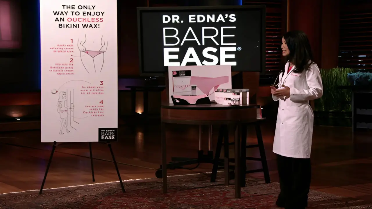 Dr. Edna Ma presenting BareEASE numbing kit on Shark Tank USA wearing a white medical coat