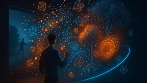 A person interacting with a 4D video scene using 4DV AI’s Gaussian Splatting technology, with 2D video transforming into 4D.