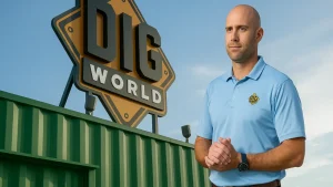 Founder of Dig World standing beside the company sign, featured on Shark Tank, representing Dig World’s 2025 net worth journey.