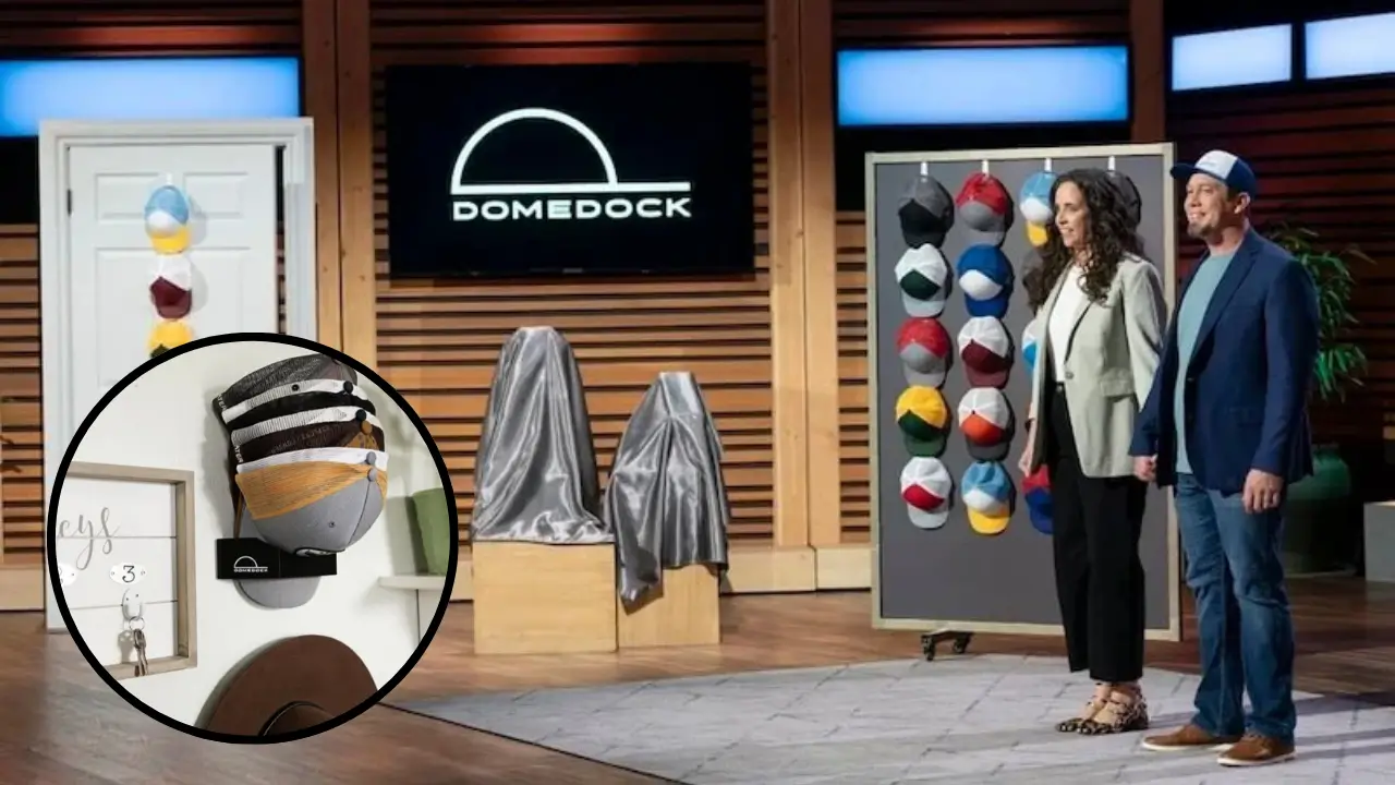 John and Chelsea Giles present Dome Dock hat rack on Shark Tank with product demo and cap display