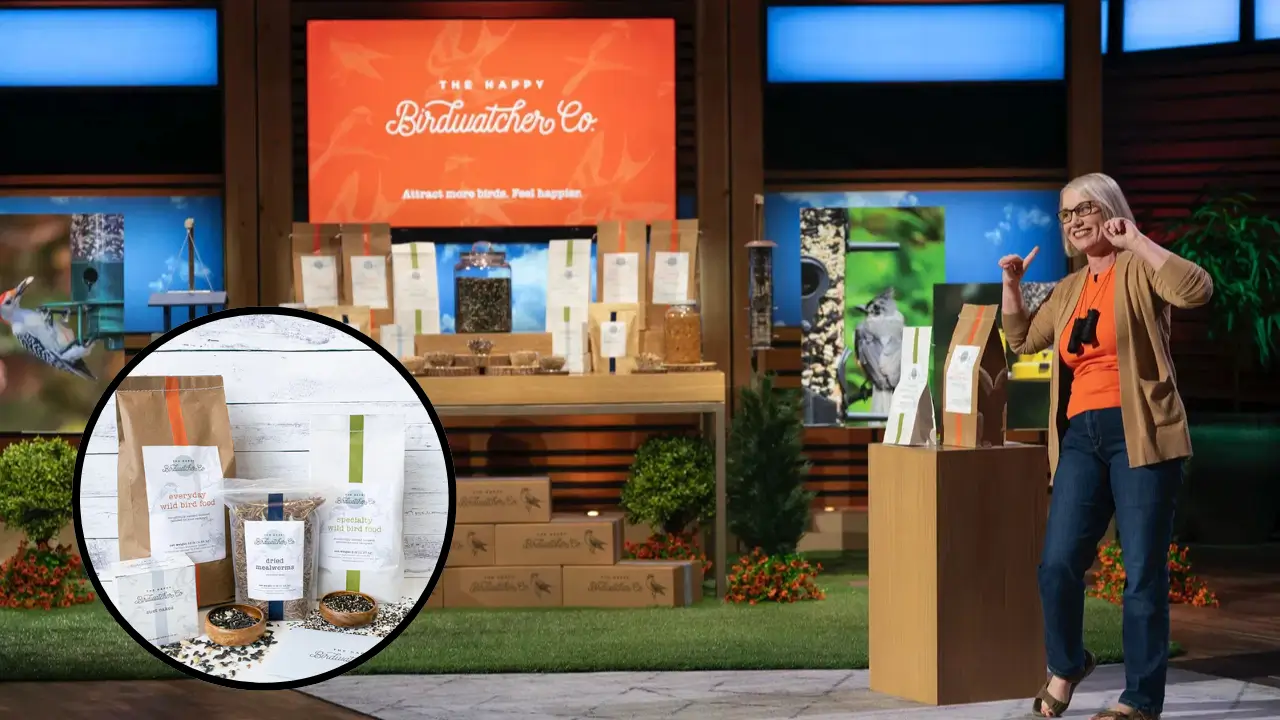 Susan Vandergriff presenting Happy Birdwatcher birdseed products on Shark Tank with branded display and eco-friendly packaging.