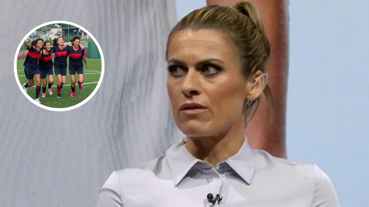 Karen Carney speaks on Sky Sports urging equal sponsorship between men's and women's football teams, with image of female footballers celebrating.