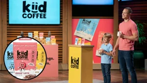 David and Ethan Sanborn pitching Kiid Coffee on Shark Tank with product display of caffeine-free kids’ latte