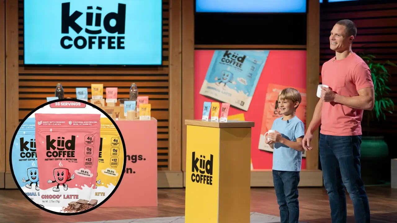 David and Ethan Sanborn pitching Kiid Coffee on Shark Tank with product display of caffeine-free kids’ latte