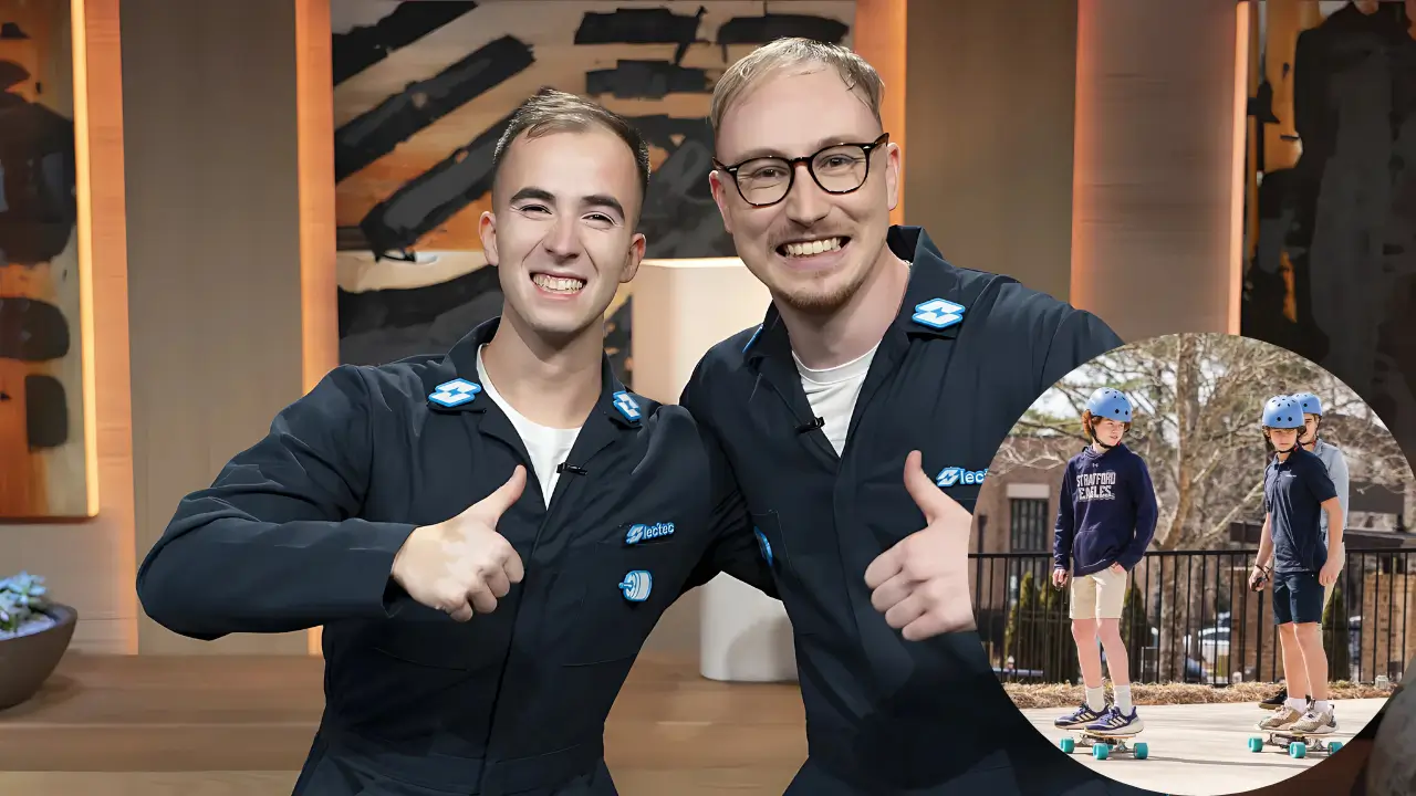 Founders of Lectec give a thumbs-up after their Shark Tank pitch, promoting DIY electric skateboard STEM kits for students.