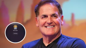Mark Cuban smiling with inset showing his AI chatbot interface labeled “Thinking” on a phone screen