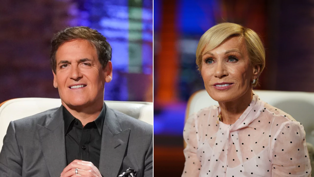 Mark Cuban and Barbara Corcoran on Shark Tank set, discussing The Comfy, the most profitable deal not made by Cuban.