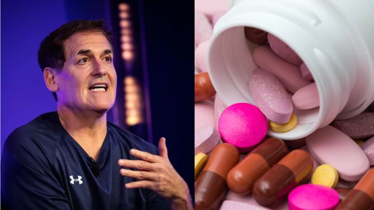 Mark Cuban speaks about Cost Plus Drugs next to a spilled bottle of colorful cancer medication pills