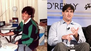 Mark Cuban in his early startup days and later as a billionaire, highlighting the 7 years he skipped vacations to build MicroSolutions