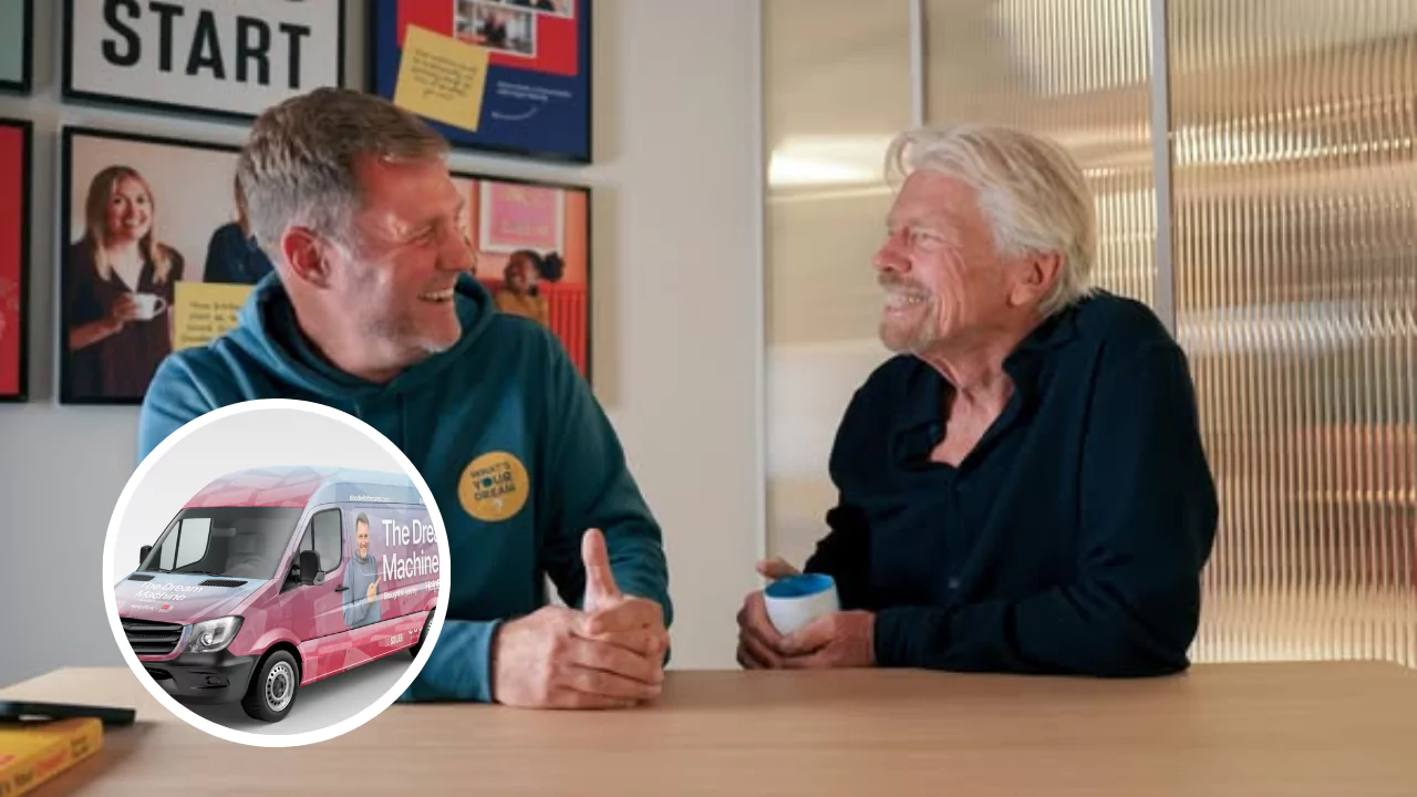 Richard Branson smiling with Doorbell of Dreams co-host; inset shows branded tour van promoting UK entrepreneur pitch tour