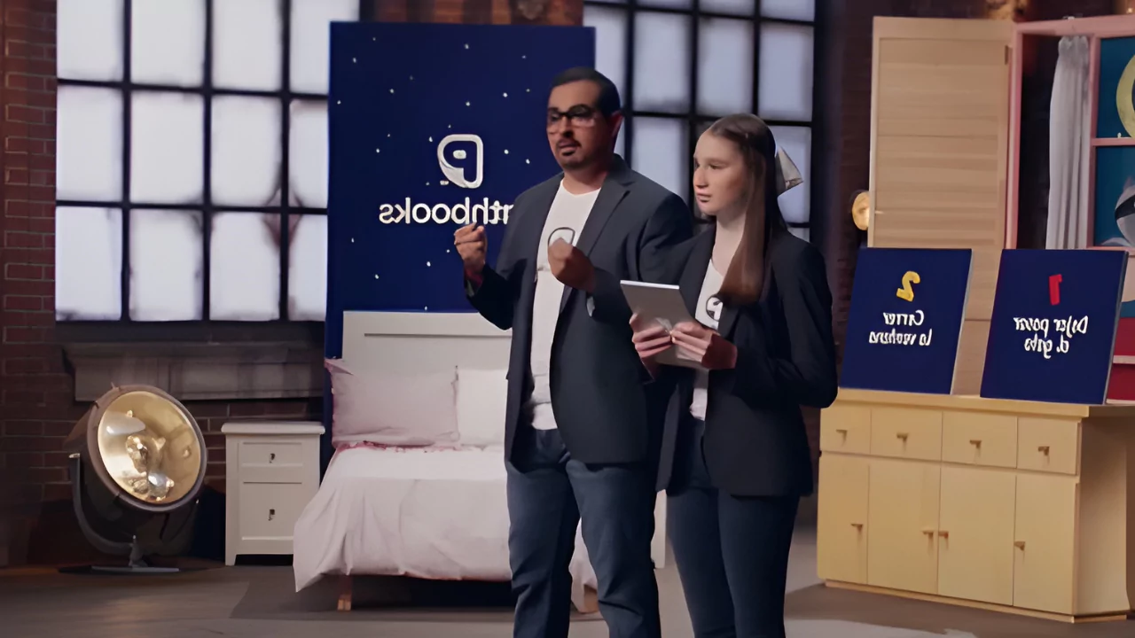 Pathbooks founders pitching their interactive storytelling app on Shark Tank Mexico set with branded display and visuals