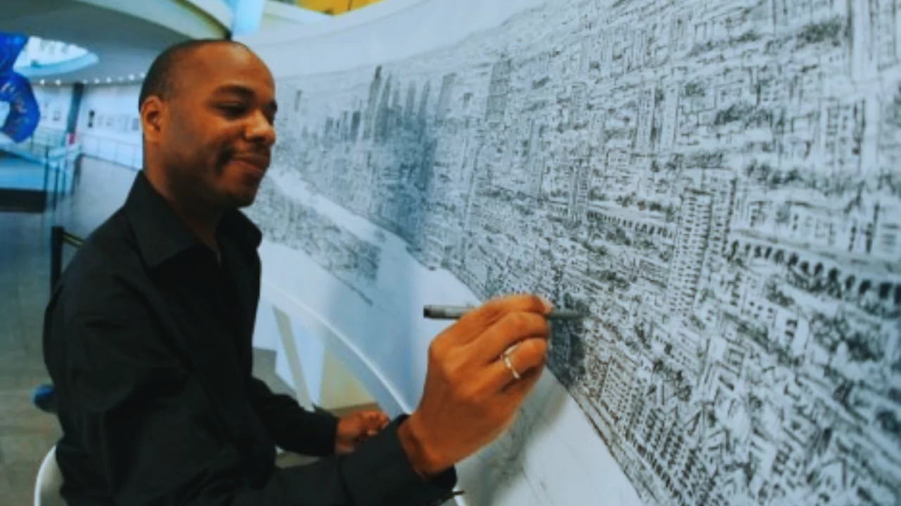 Stephen Wiltshire drawing a detailed London cityscape from memory after a 20-minute helicopter ride