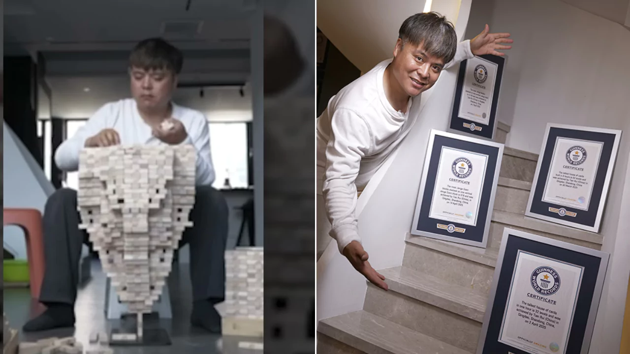 South Korean artist Tae-hyung Park stacking Jenga blocks into a gravity-defying tower and posing with four Guinness World Records.