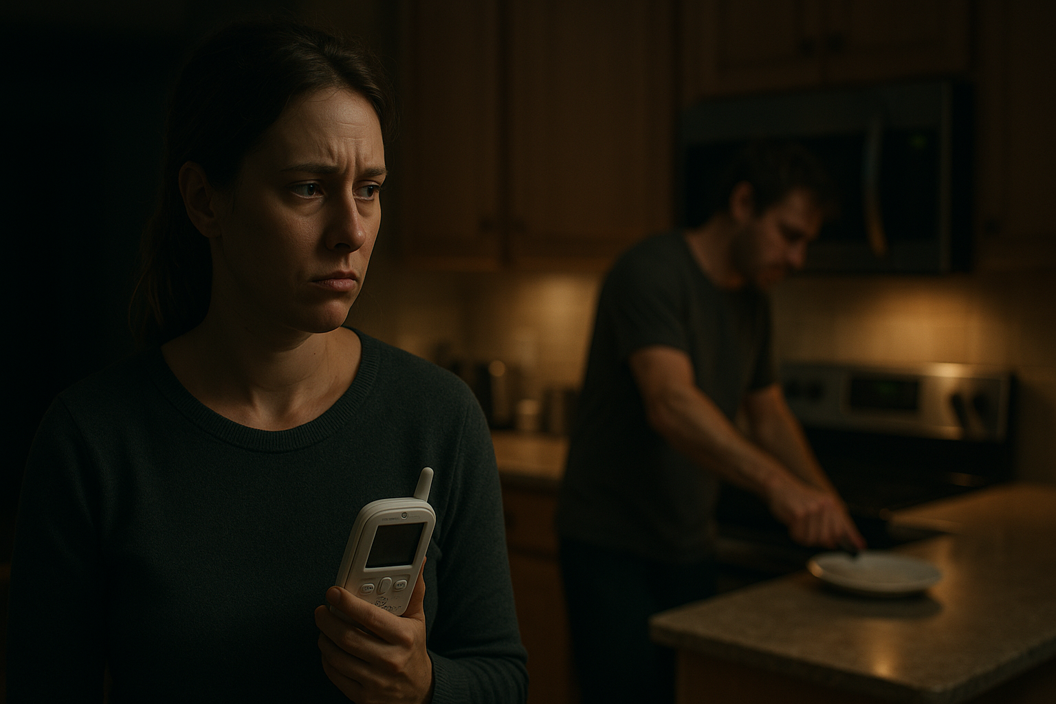 Mother stressed with baby monitor while husband makes noise in kitchen at night.